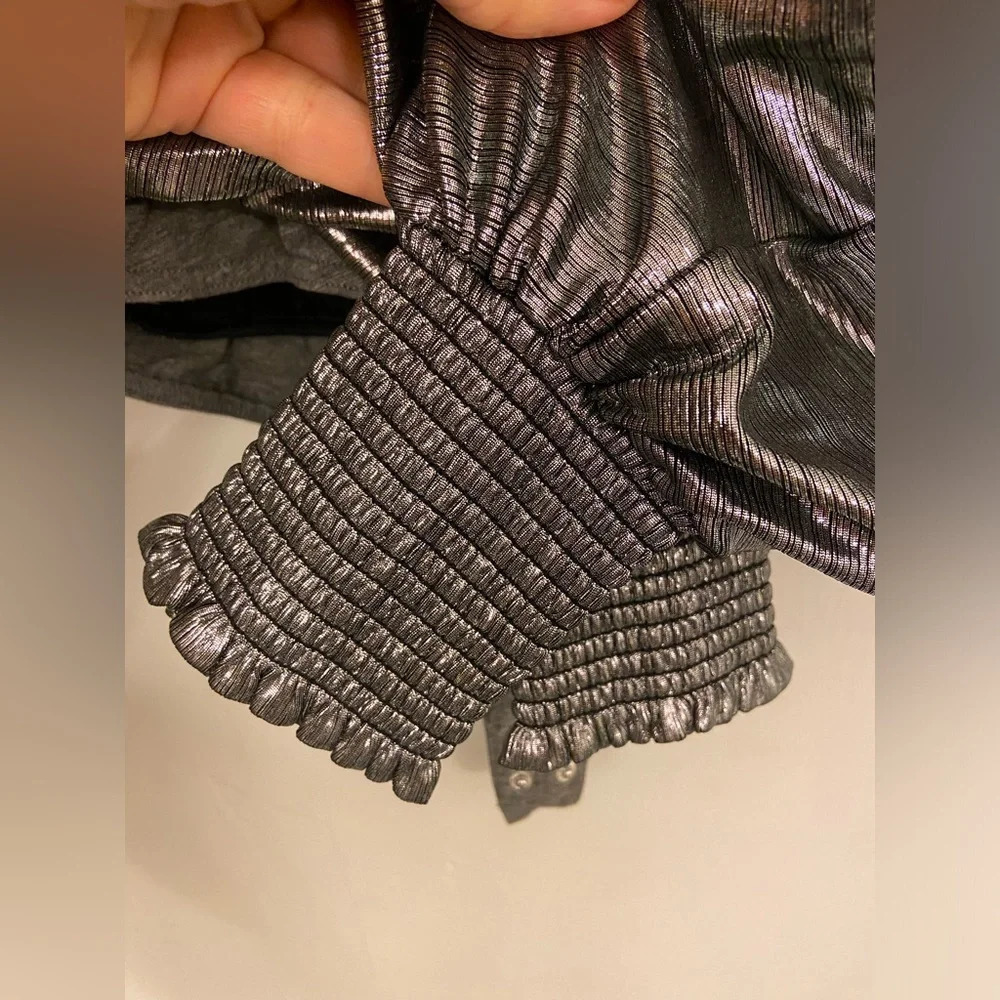 Retrofete Silver Metallic Deep V Ruffle Bodysuit Size XS - Picture 4 of 7